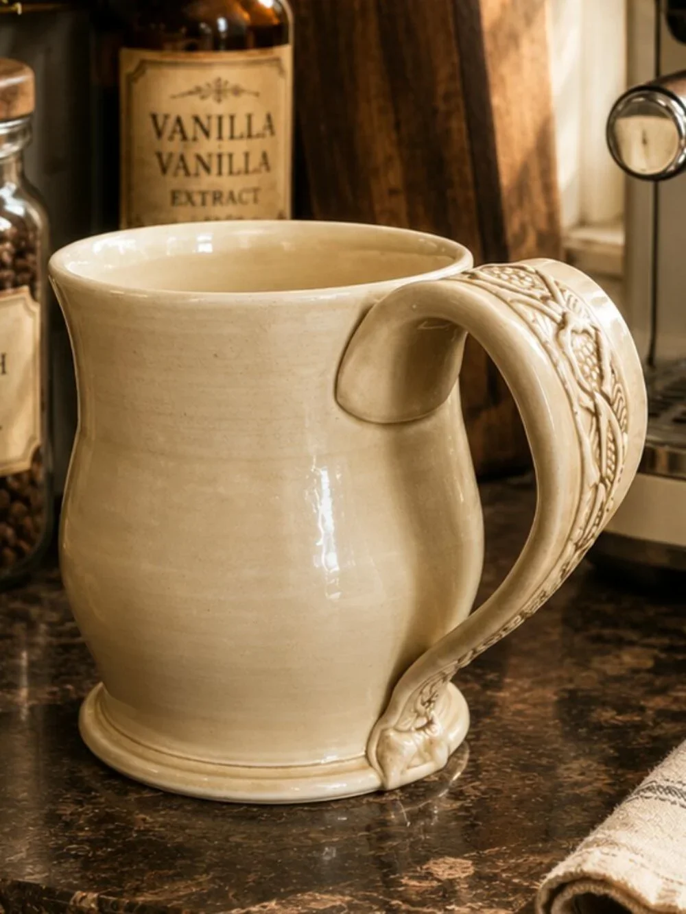Handcrafted Signed Studio Pottery Artisan Coffee Mug With Ornate Handle